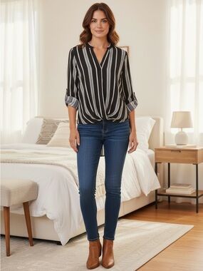 Ny Collection Striped Twist Front Top Black White M